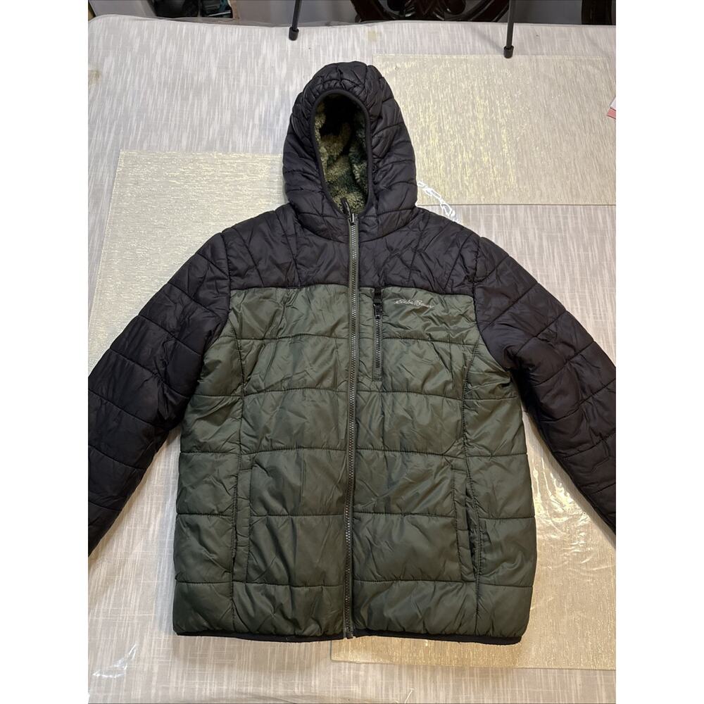Eddie Bauer Boys Puffer Jacket Size 14 / 16 Green Camo Reversible Hooded Zip